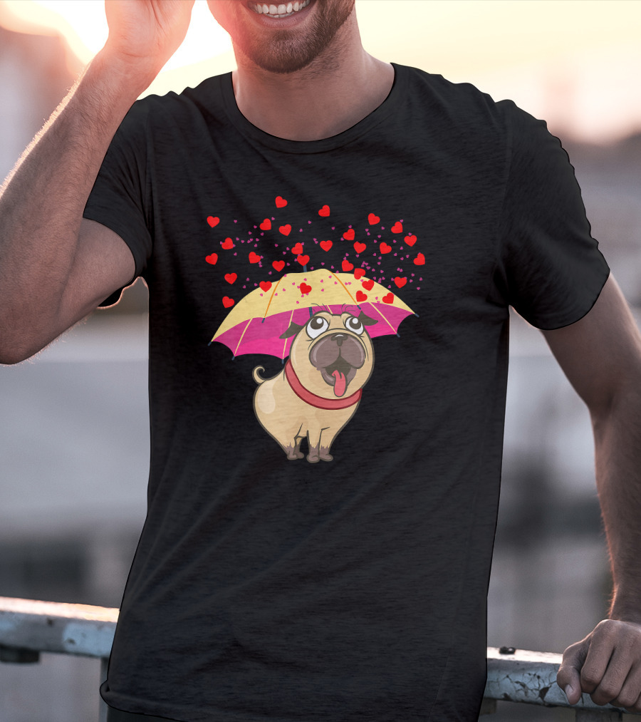 Cute Pug Dog Under Heart Umbrella Valentines Day Pug Lover T-Shirt