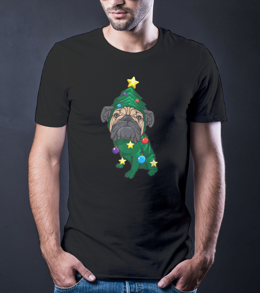 Pug Christmas Tree Yuletide Adorable Puppy Fan Holiday Stars Ornaments T-Shirt