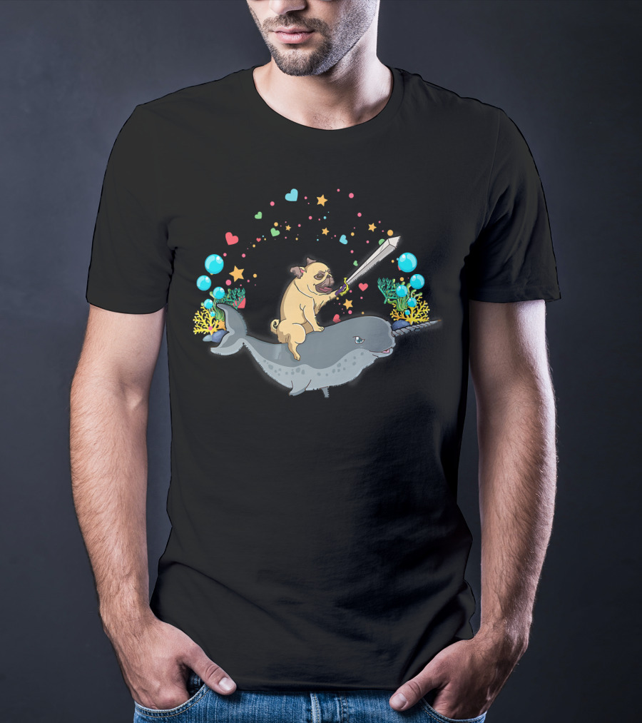 Warrior Pug With Sword Rides A Narwhal Surrounded By Hearts And Stars T-Shirt