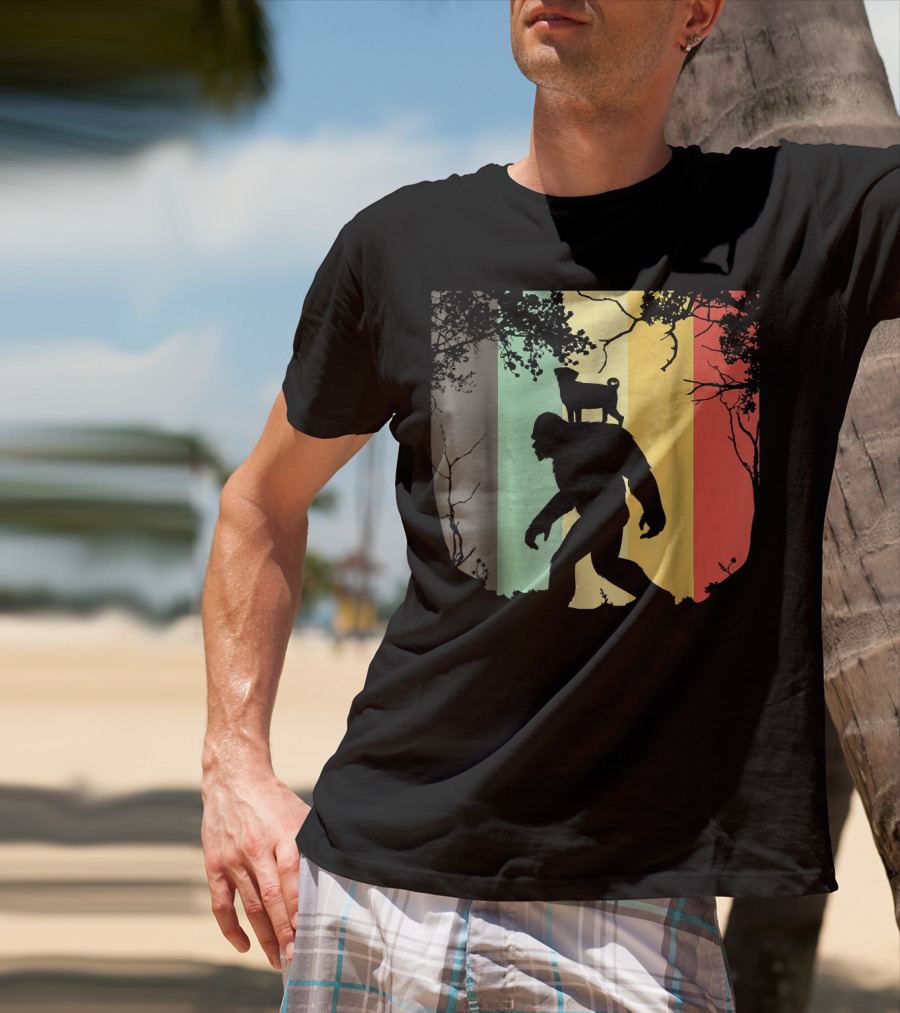 Pug Riding Bigfoot Vintage Retro Sunset Stripes T-Shirt
