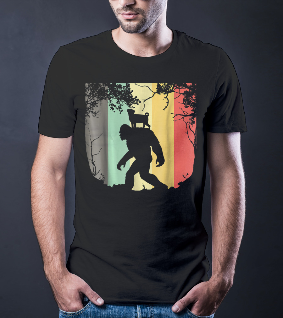 Pug Riding Bigfoot Vintage Retro Sunset Stripes T-Shirt