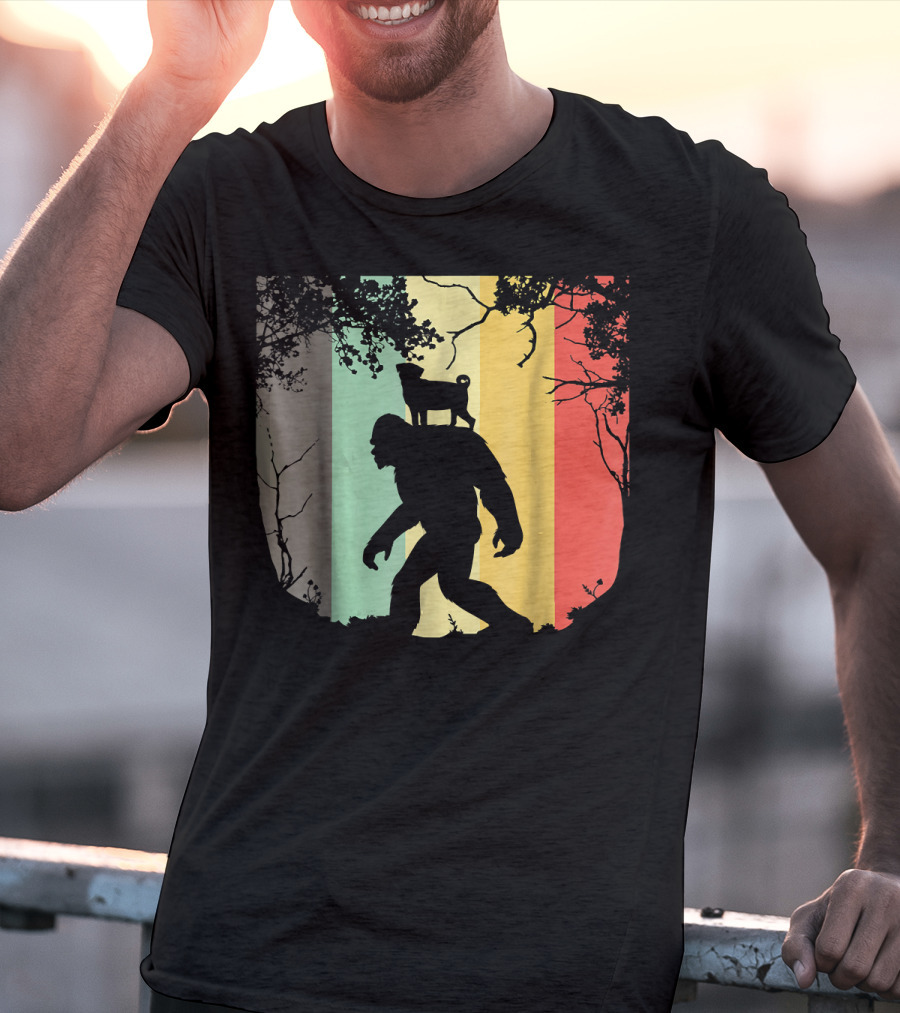 Pug Riding Bigfoot Vintage Retro Sunset Stripes T-Shirt