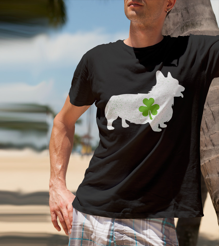 Corgi Silhouette With Green Clover Irish T-Shirt