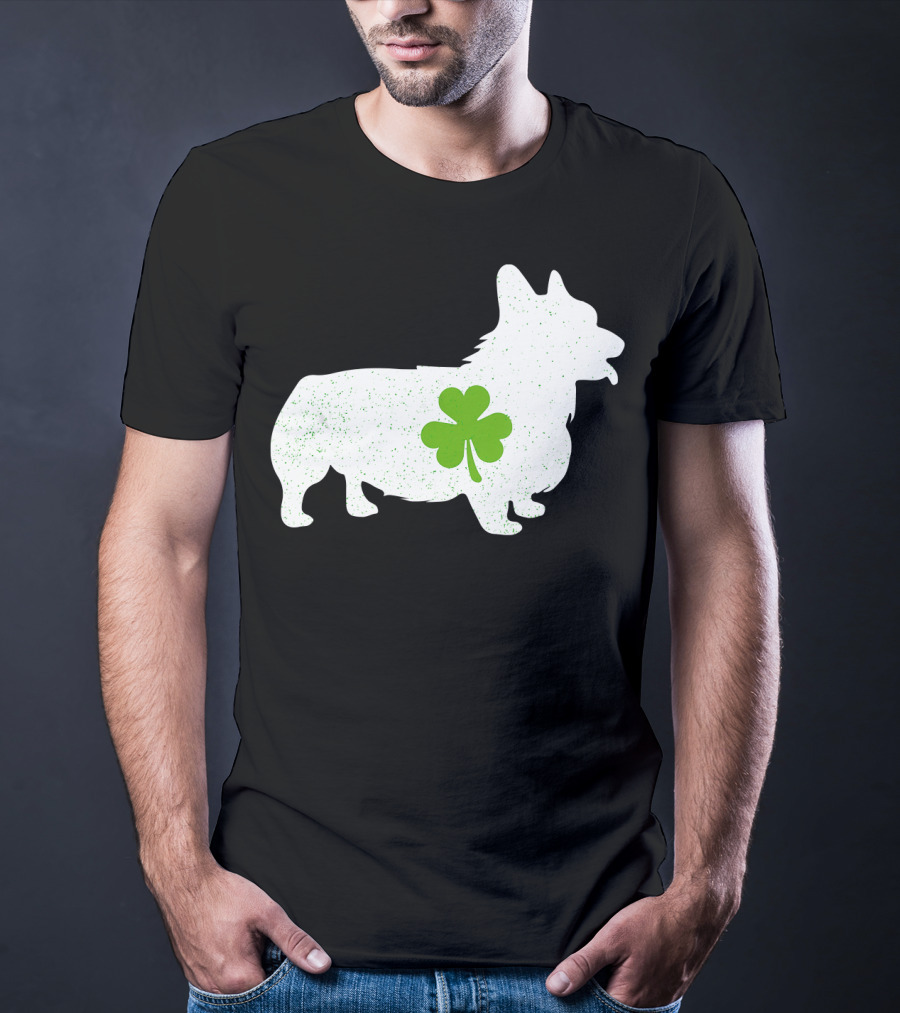 Corgi Silhouette With Green Clover Irish T-Shirt