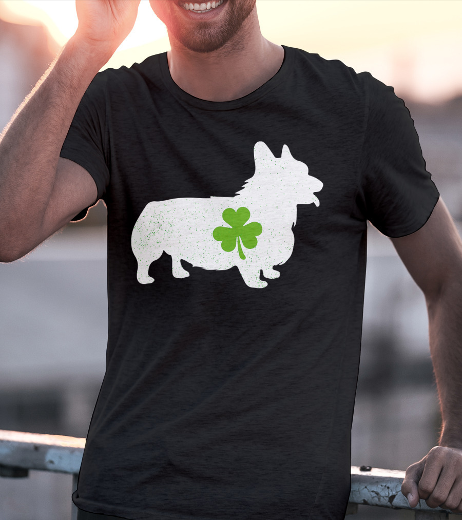 Corgi Silhouette With Green Clover Irish T-Shirt