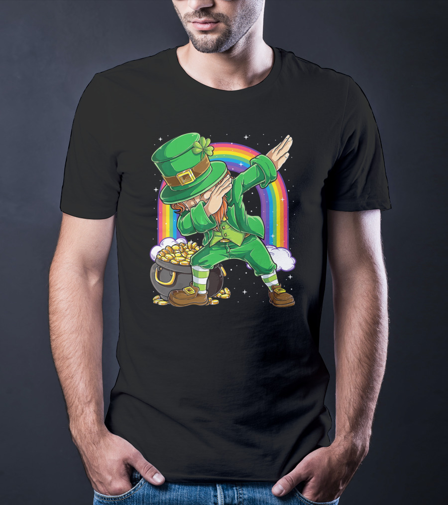 Dabbing Leprechaun St Patricks Day Boys Dab With Pot Of Gold And Rainbow T-Shirt