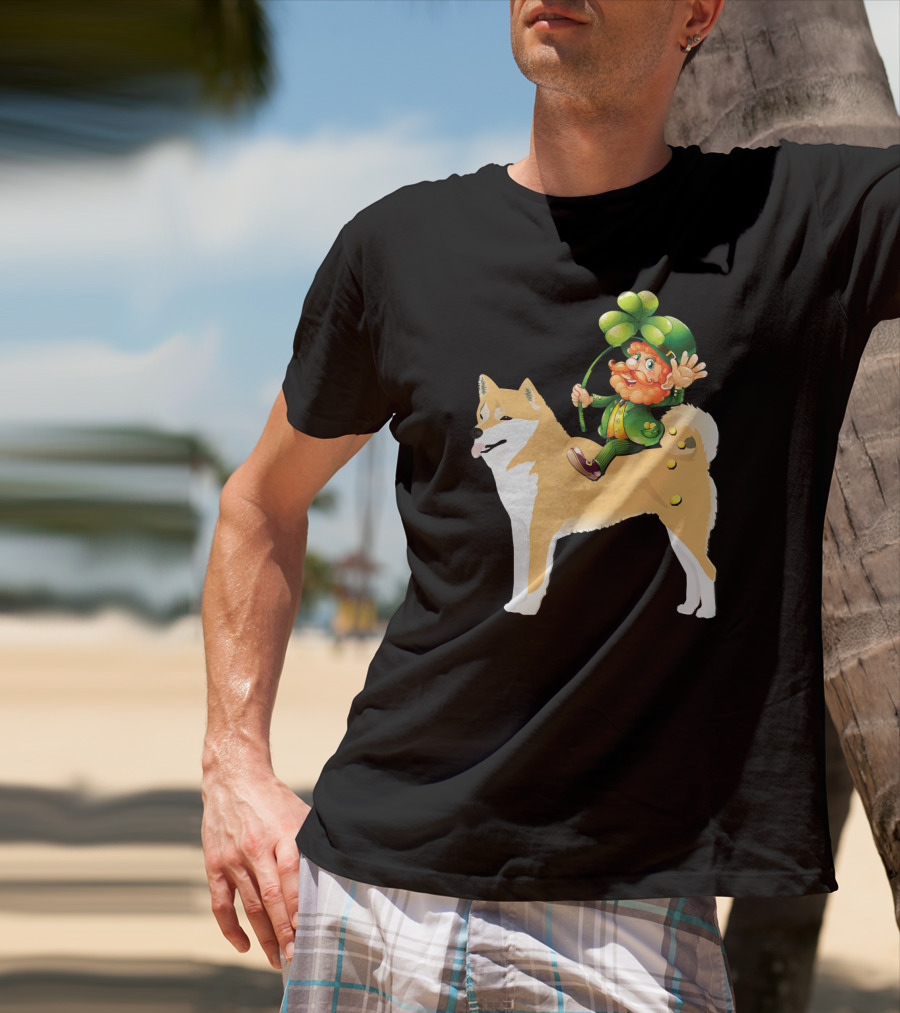 Leprechaun On Shiba Inu With Shamrock Rider T-Shirt
