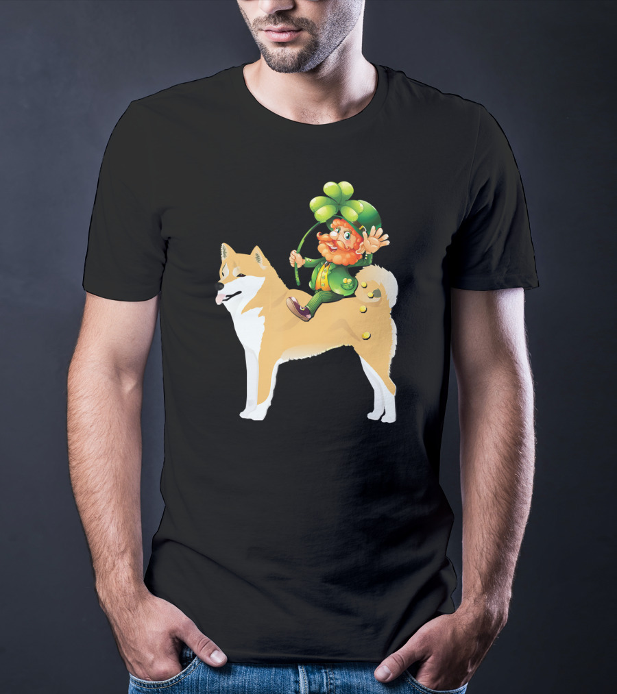 Leprechaun On Shiba Inu With Shamrock Rider T-Shirt