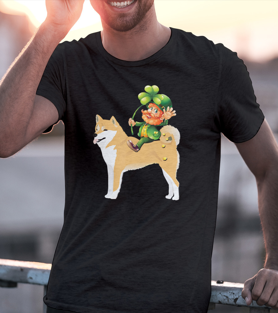 Leprechaun On Shiba Inu With Shamrock Rider T-Shirt