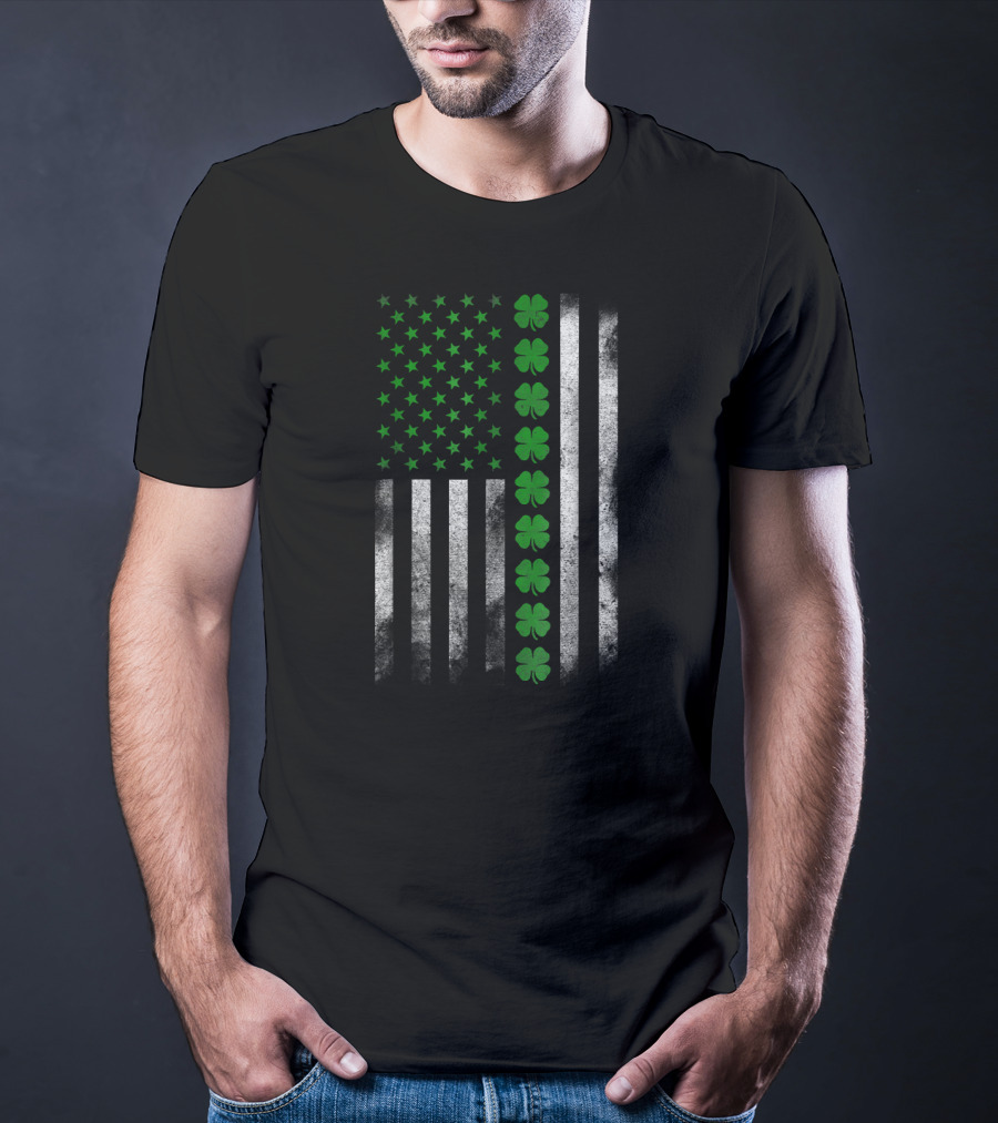 St. Patricks Day Green Clover Irish American Flag T-Shirt