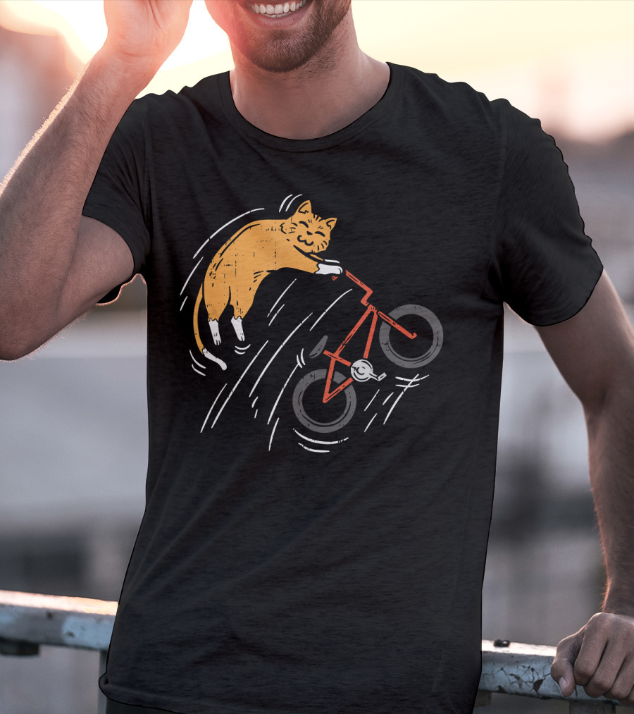 Orange Cat Riding Bicycle In Motion T-Shirt