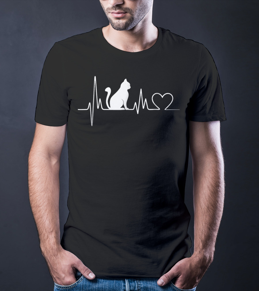 Cat Heartbeat With Heart Outline And Cat T-Shirt