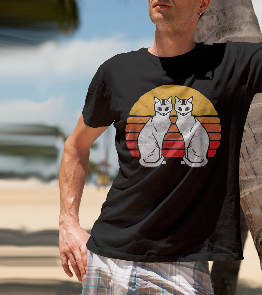 Vintage Eighties Style Twin Siamese Cats With Retro Sunset Stripes T-Shirt
