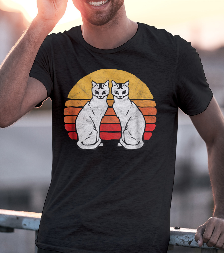 Vintage Eighties Style Twin Siamese Cats With Retro Sunset Stripes T-Shirt