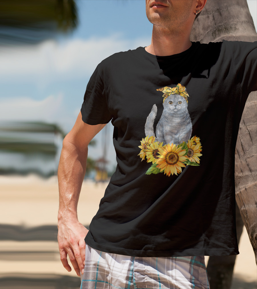 Hippie Cat With Sunflower Bandana And Sunflowers Cute Cat Lover T-Shirt