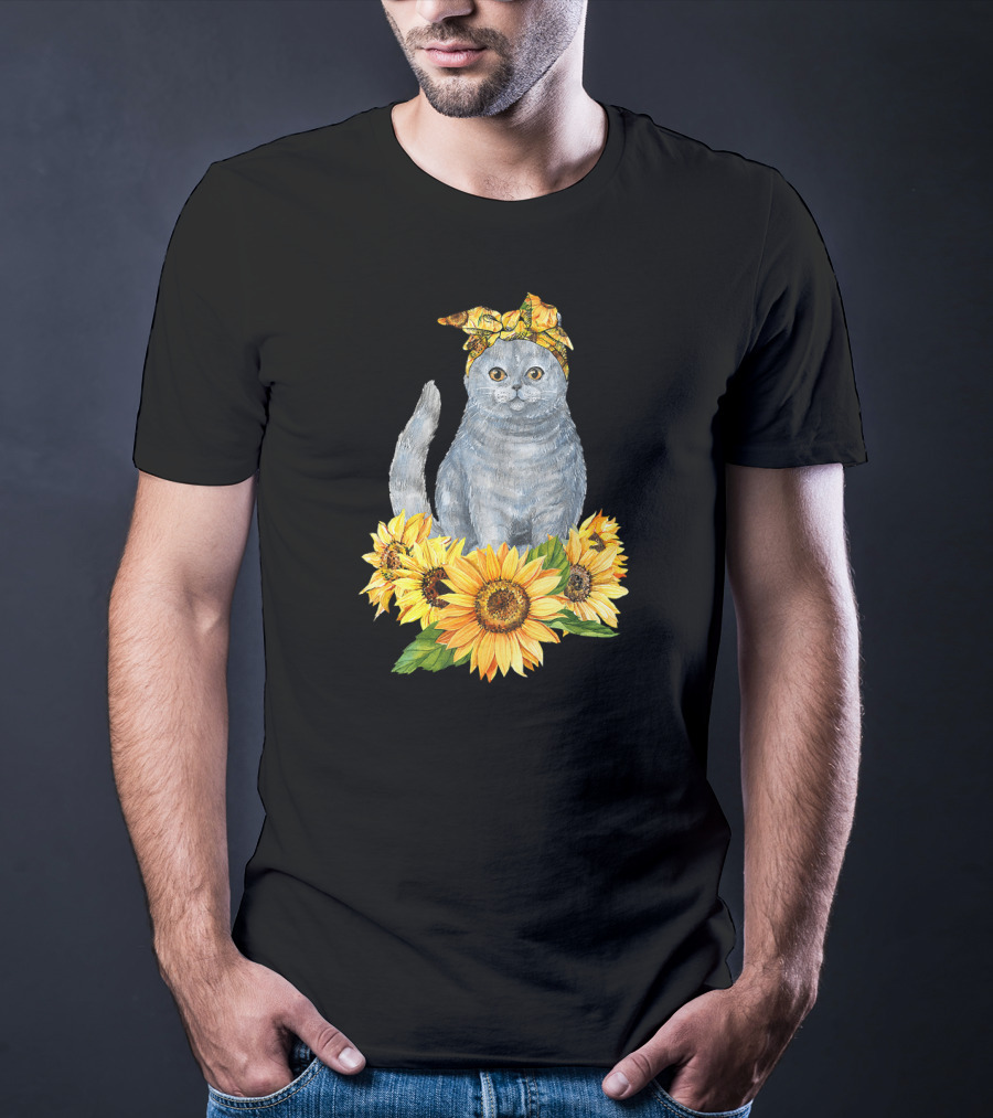 Hippie Cat With Sunflower Bandana And Sunflowers Cute Cat Lover T-Shirt