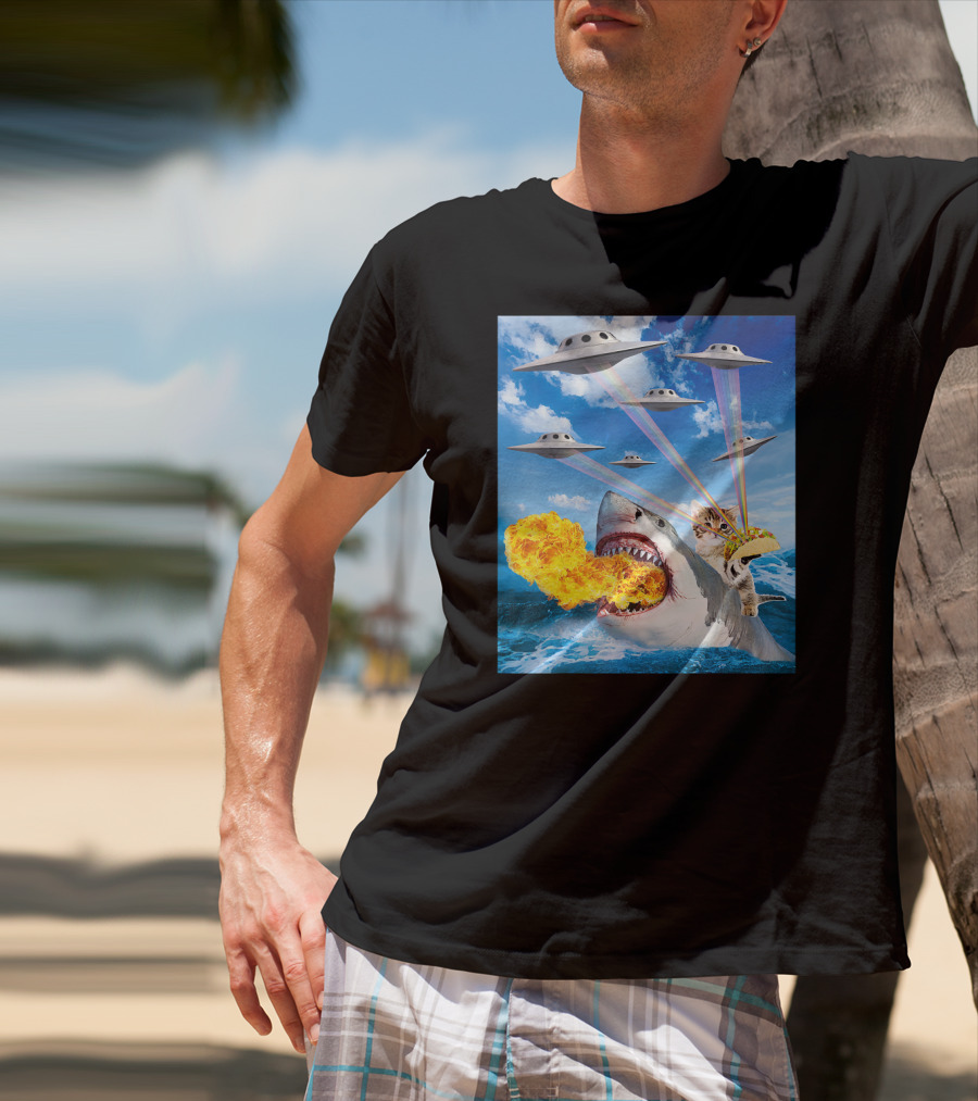 Cat Riding Fire Breathing Shark With UFO Rainbow Lasers And Taco T-Shirt
