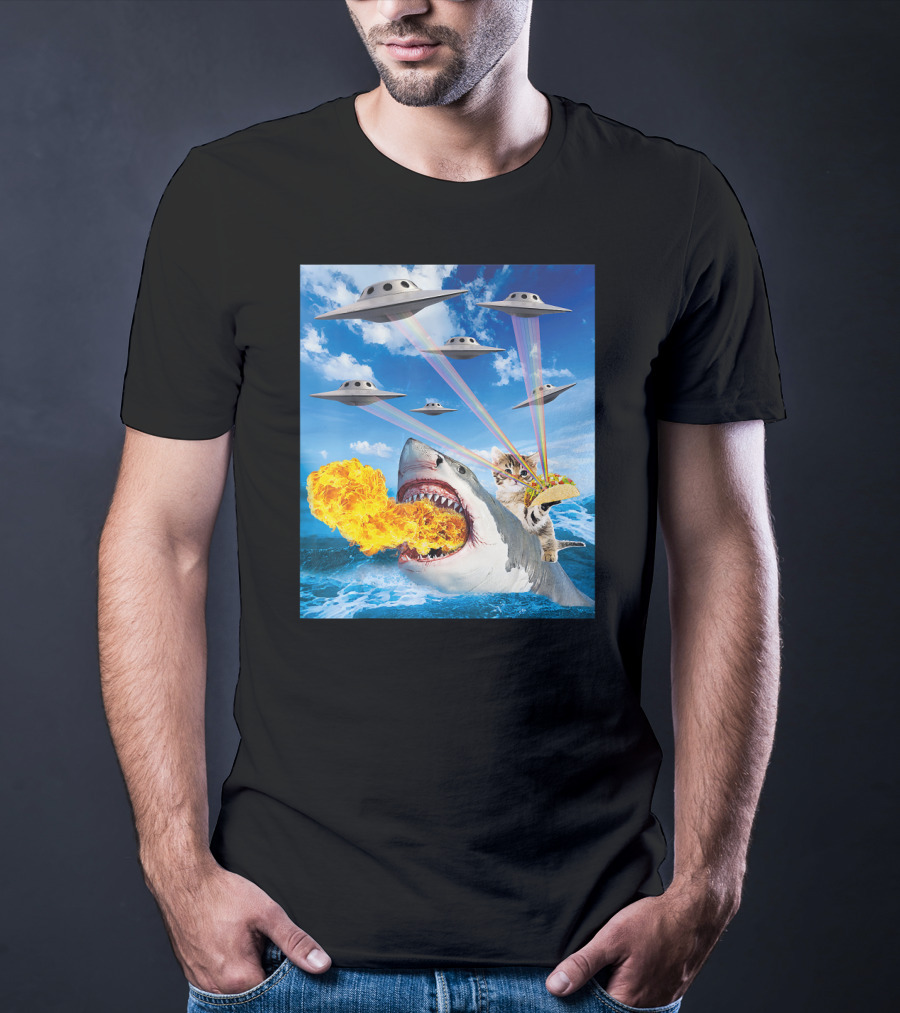 Cat Riding Fire Breathing Shark With UFO Rainbow Lasers And Taco T-Shirt