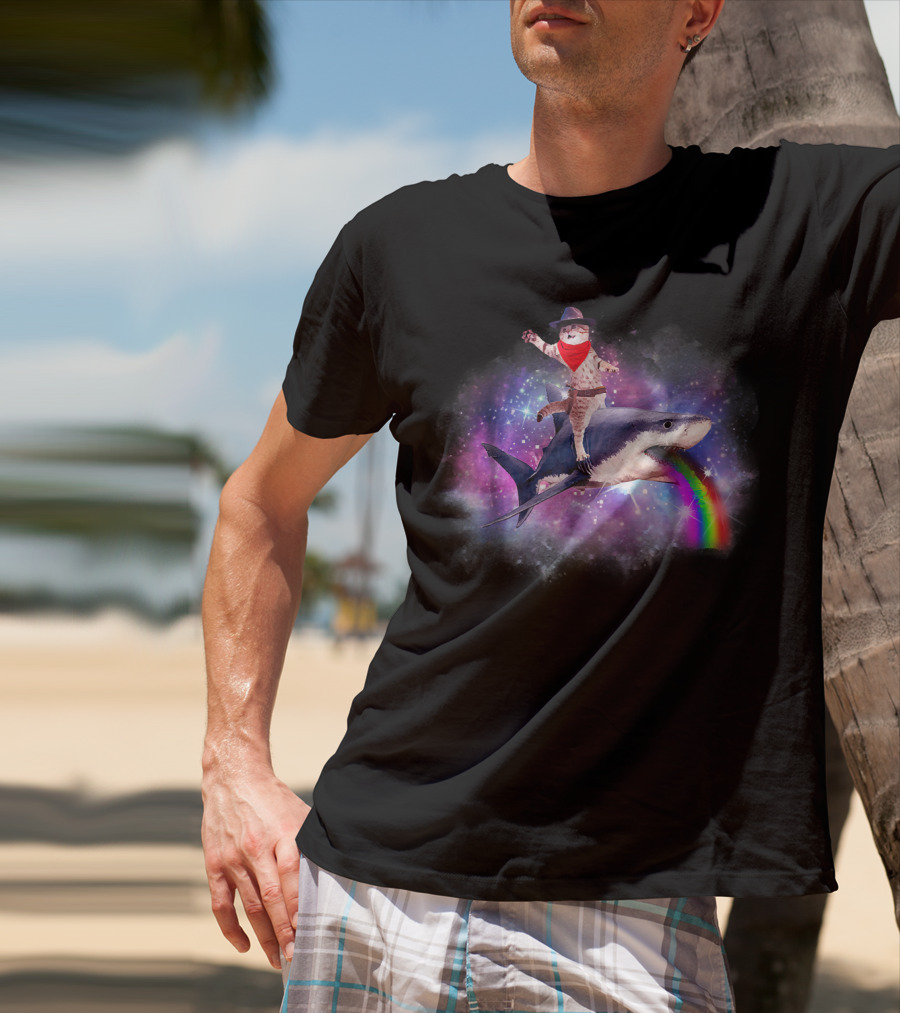 Space Cat Cowboy Riding Rainbow Shark In Galaxy T-Shirt