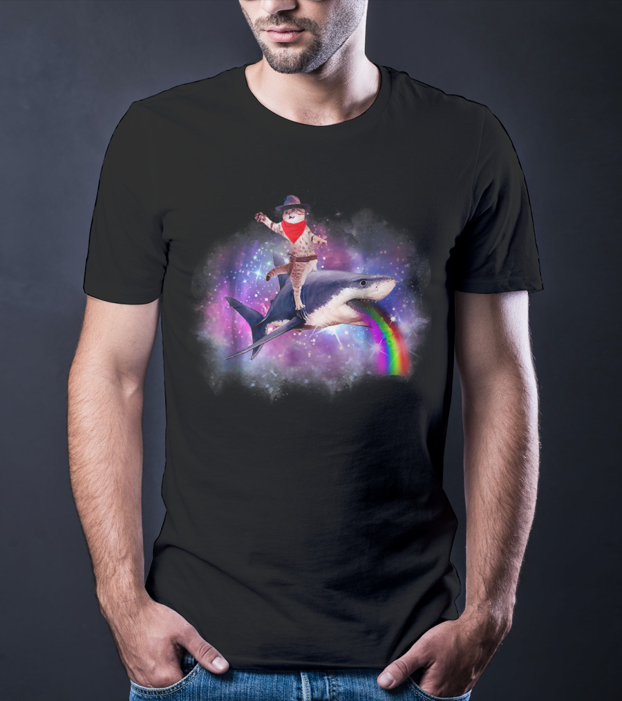 Space Cat Cowboy Riding Rainbow Shark In Galaxy T-Shirt