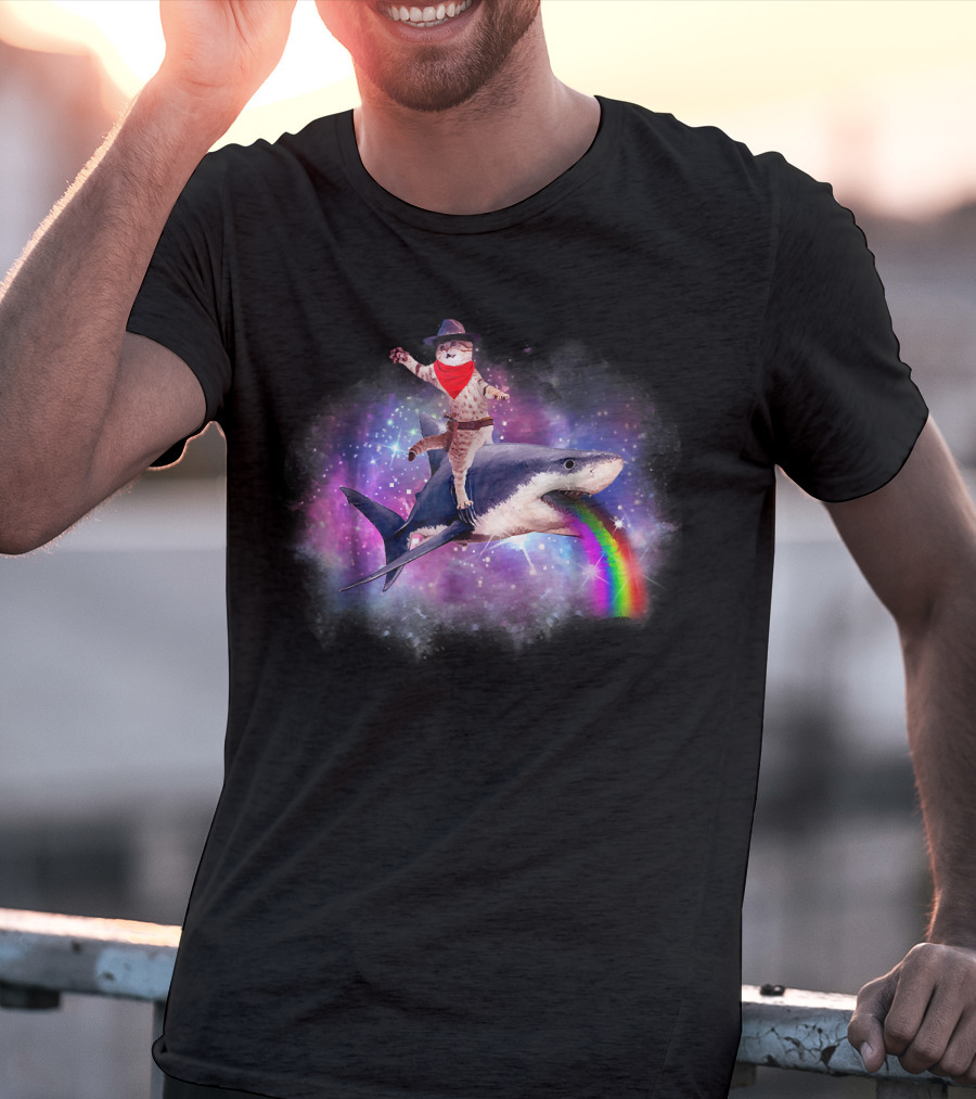 Space Cat Cowboy Riding Rainbow Shark In Galaxy T-Shirt
