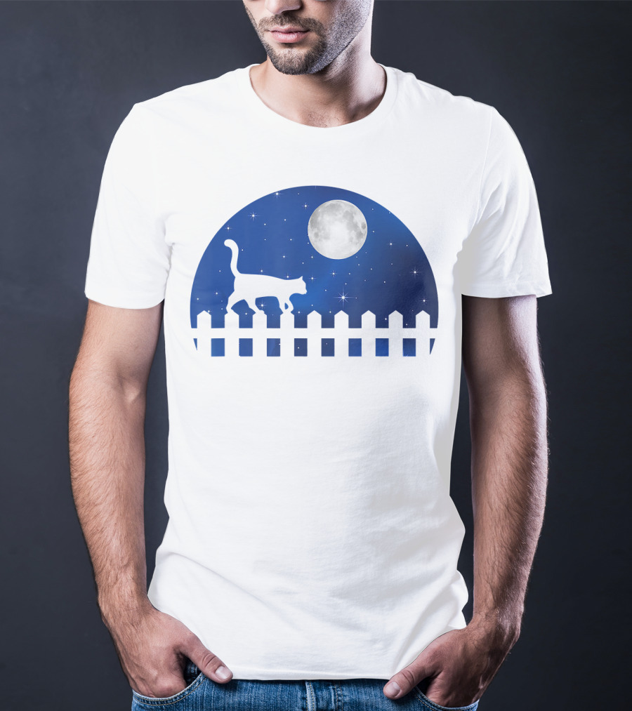 Cat Cat Moon Night Sky Walking Fence T-Shirt