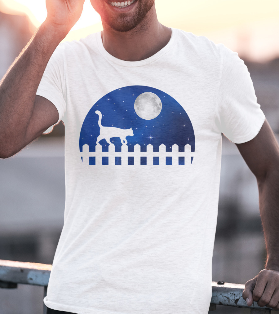 Cat Cat Moon Night Sky Walking Fence T-Shirt