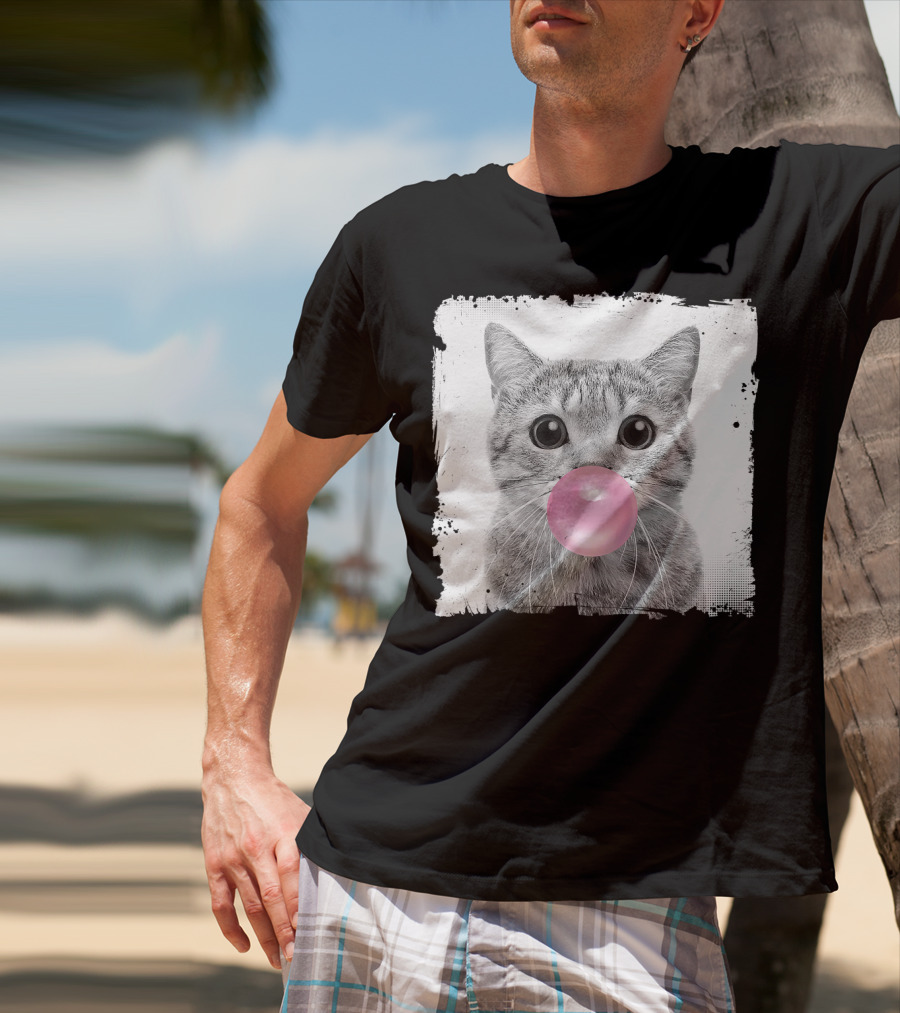 Cute Cat Blowing Pink Bubble Gum For Animal Lover Black And White Sketch T-Shirt