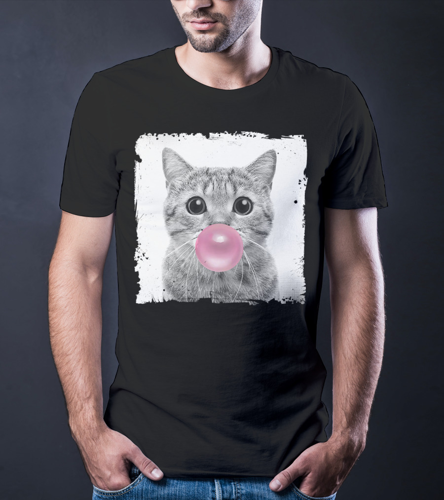 Cute Cat Blowing Pink Bubble Gum For Animal Lover Black And White Sketch T-Shirt