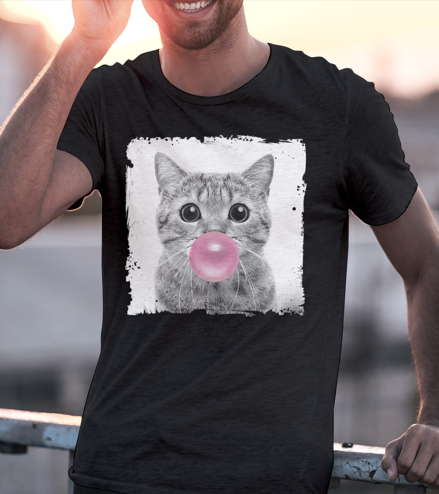 Cute Cat Blowing Pink Bubble Gum For Animal Lover Black And White Sketch T-Shirt