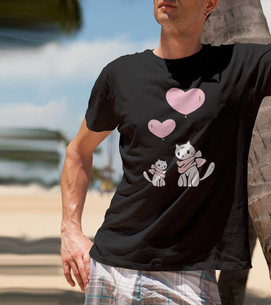 CUTE CATS Wearing Scarves Holding Pink Heart Balloons T-Shirt