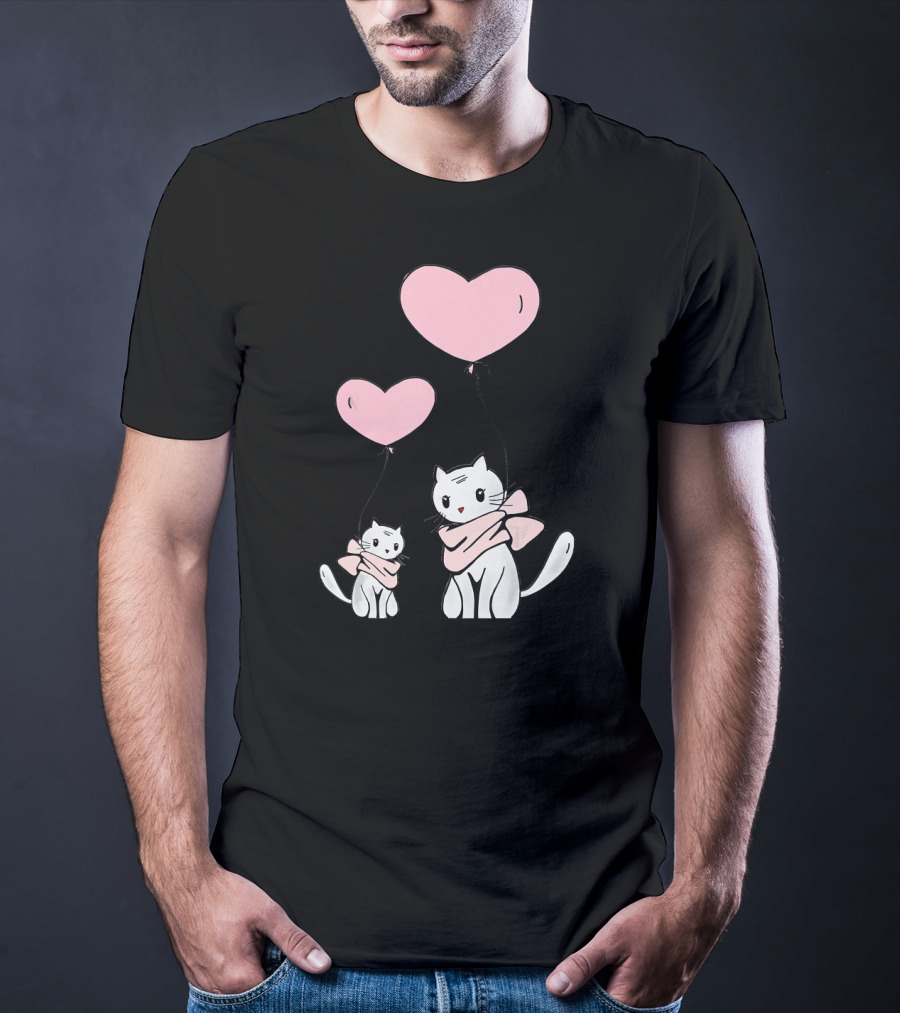 CUTE CATS Wearing Scarves Holding Pink Heart Balloons T-Shirt