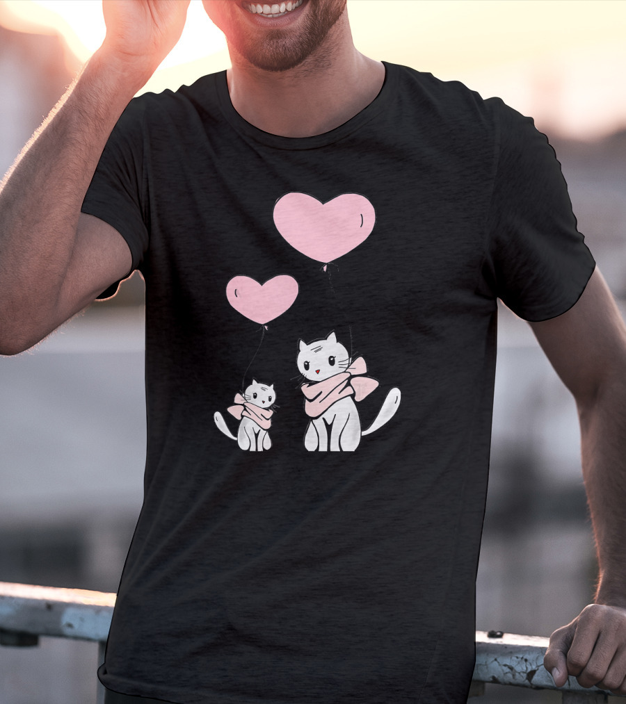 CUTE CATS Wearing Scarves Holding Pink Heart Balloons T-Shirt