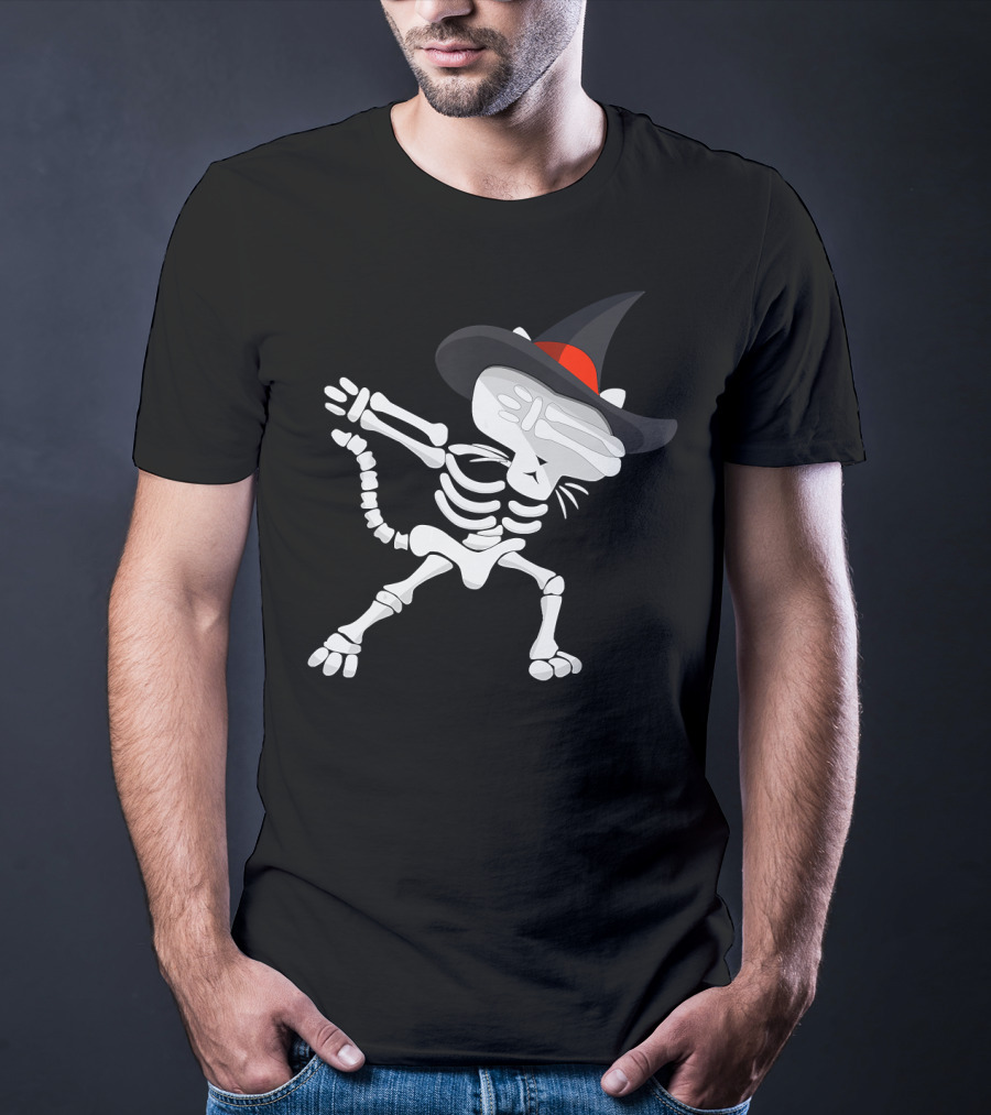Dabbing Cat Skeleton With Witch Hat T-Shirt