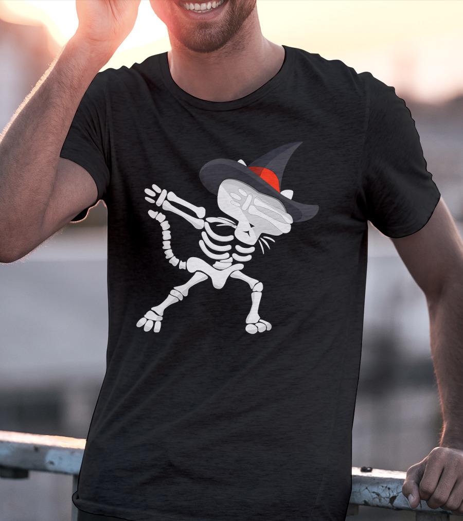 Dabbing Cat Skeleton With Witch Hat T-Shirt