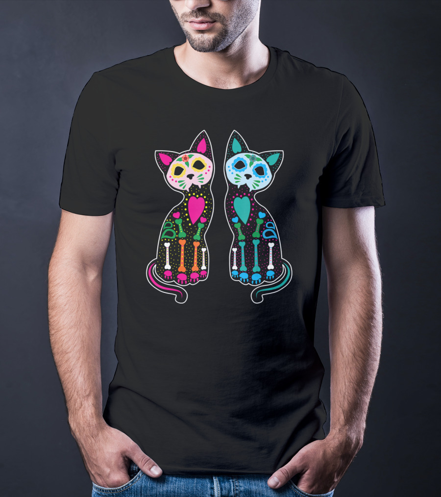 Day Of The Dead Sugar Skull Skeleton Cats T-Shirt