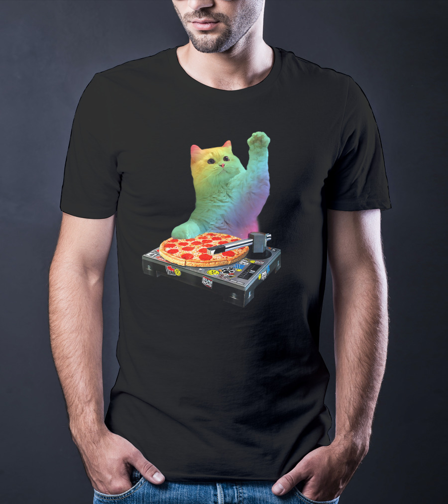 DJ Cat EDM Pizza Turntable Colorful Kitty Music Fun T-Shirt