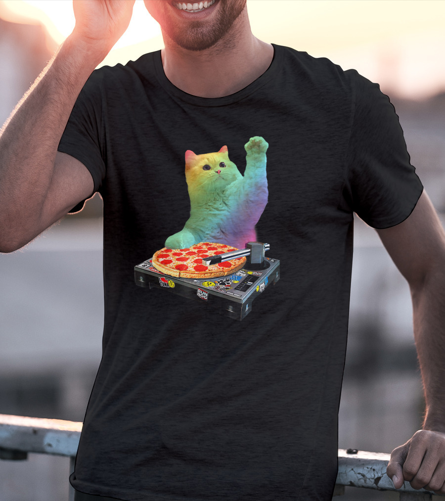 DJ Cat EDM Pizza Turntable Colorful Kitty Music Fun T-Shirt