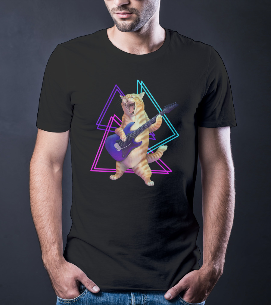 Guitar Cat Rock Kitty On Electric Guitar Neon Triangles T-Shirt