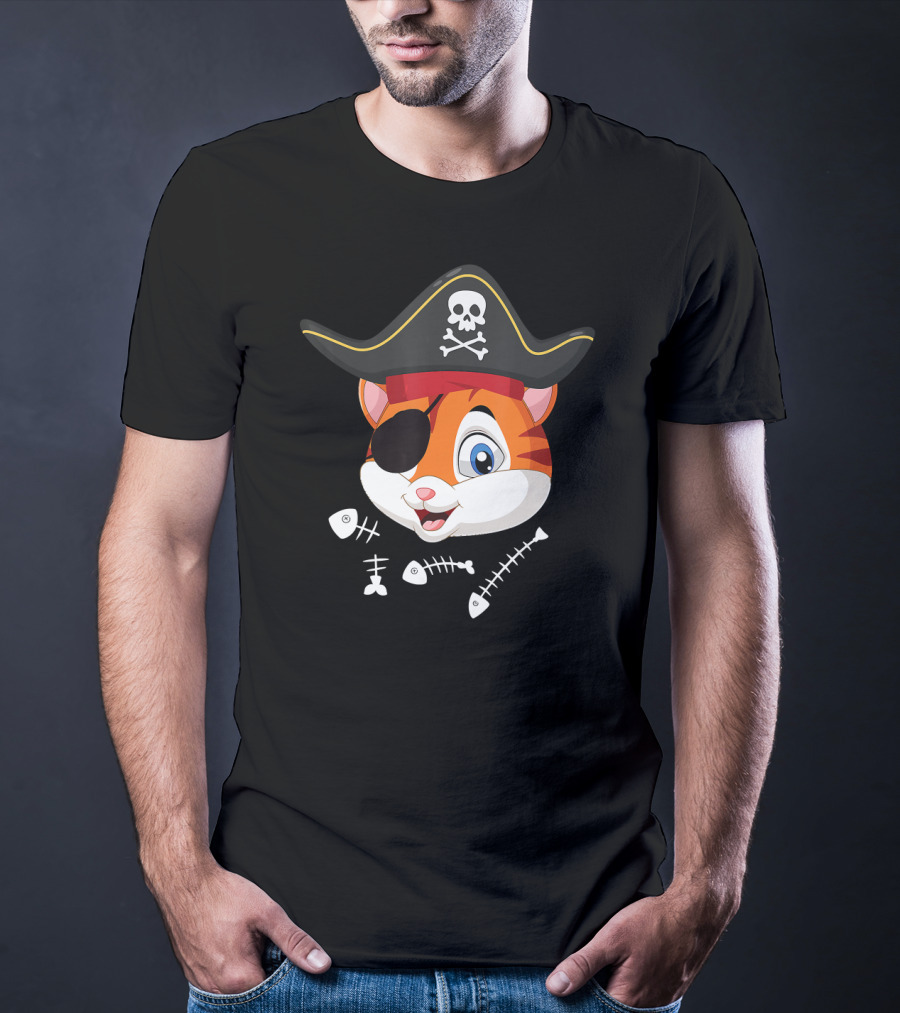 Halloween Pirate Cat With Eyepatch And Fish Bones T-Shirt