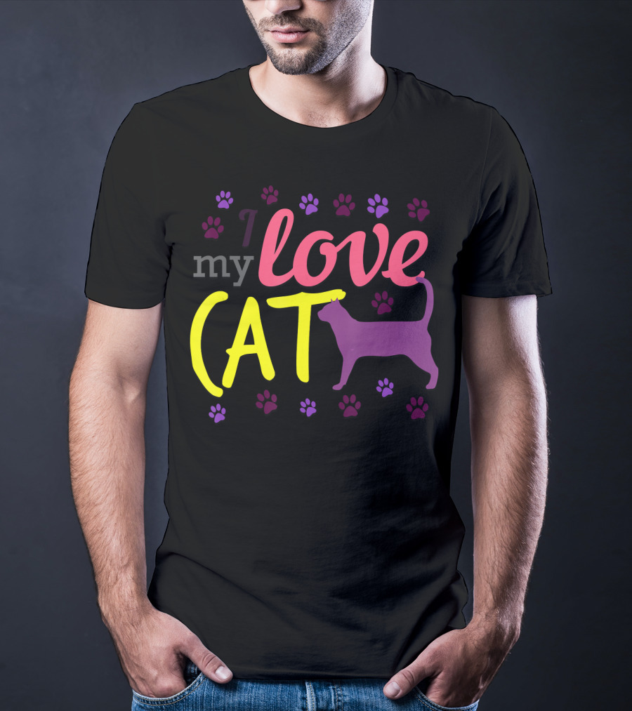 I Love My Cat Feline Owner Cute Pet Purple Paw Prints T-Shirt