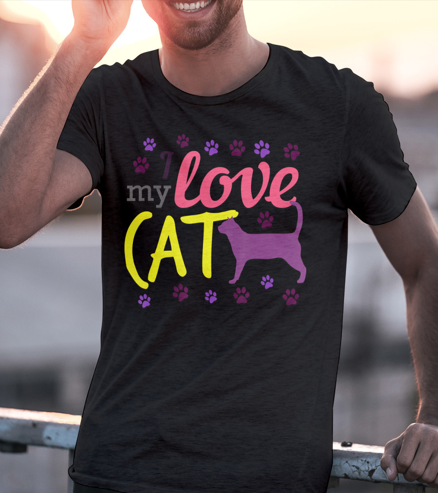 I Love My Cat Feline Owner Cute Pet Purple Paw Prints T-Shirt