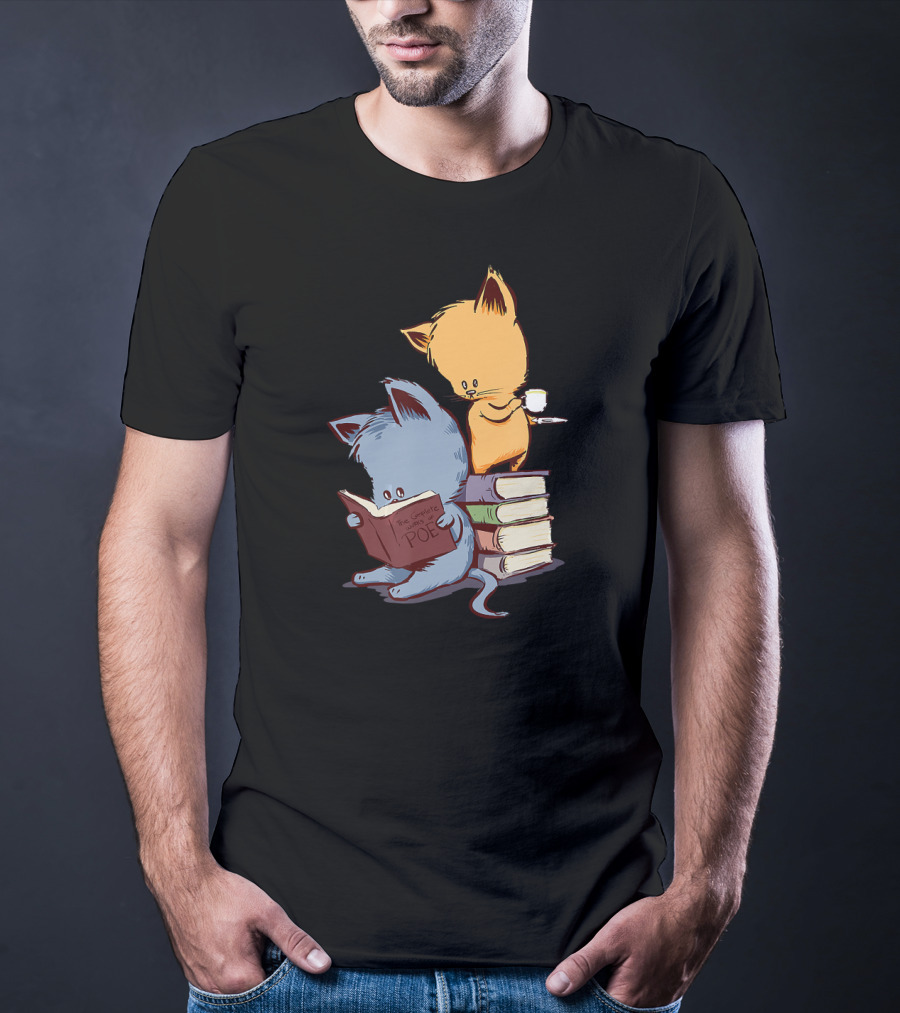 Kittens Reading Edgar Allan Poe With Tea And Books T-Shirt