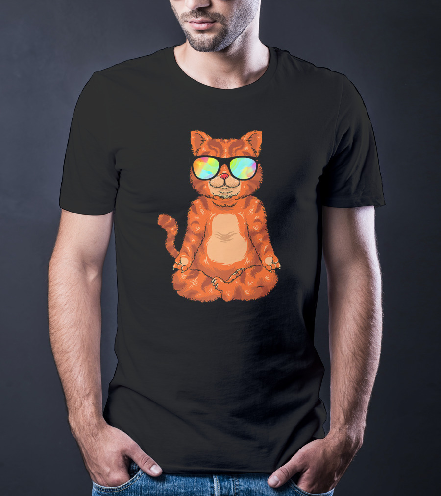 Meditating Cat In Colorful Sunglasses Yoga Pose Cute Drawing T-Shirt