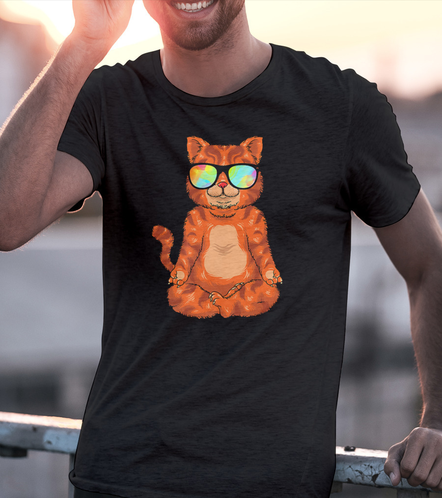 Meditating Cat In Colorful Sunglasses Yoga Pose Cute Drawing T-Shirt