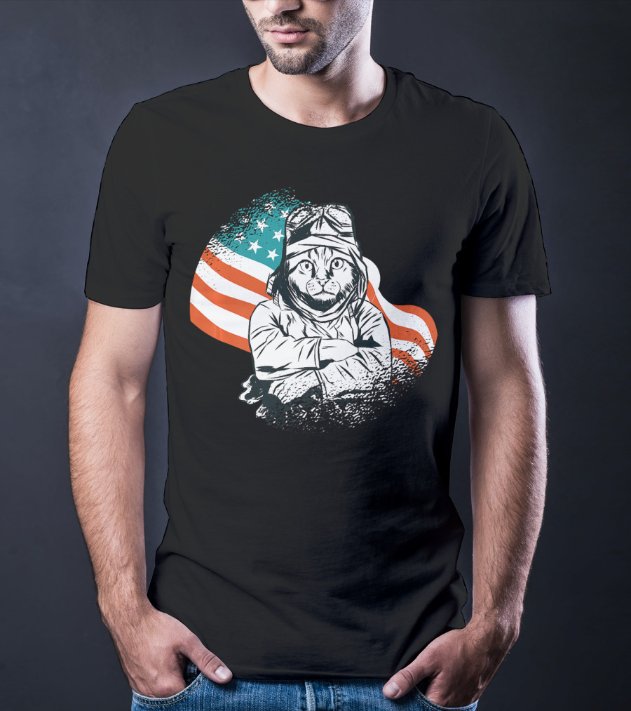 Patriotic Cat Aviator With American Flag For Cat Lovers T-Shirt