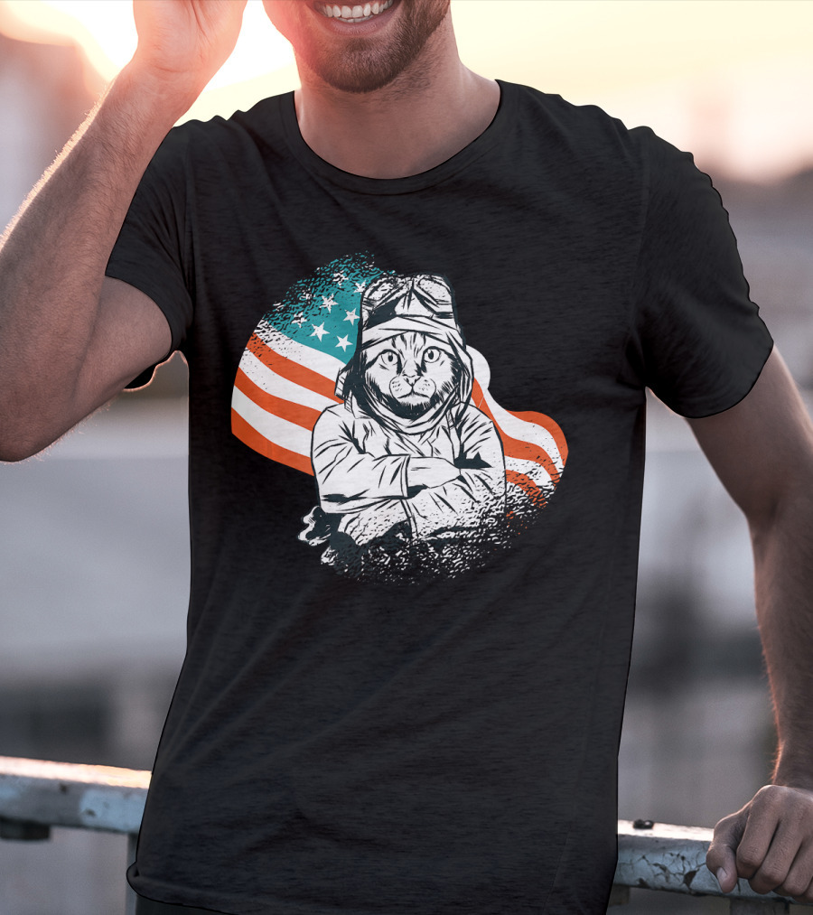 Patriotic Cat Aviator With American Flag For Cat Lovers T-Shirt