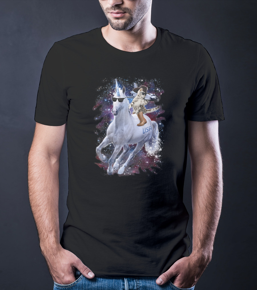USA Space Cowboy Cat Riding Sunglasses Unicorn In Galaxy T-Shirt