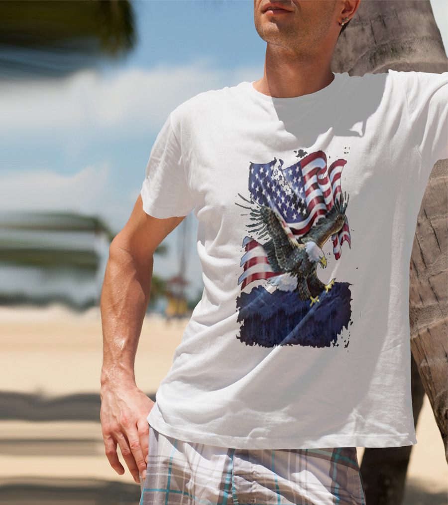 Bald Eagle Over Mountains With American Flag Background T-Shirt