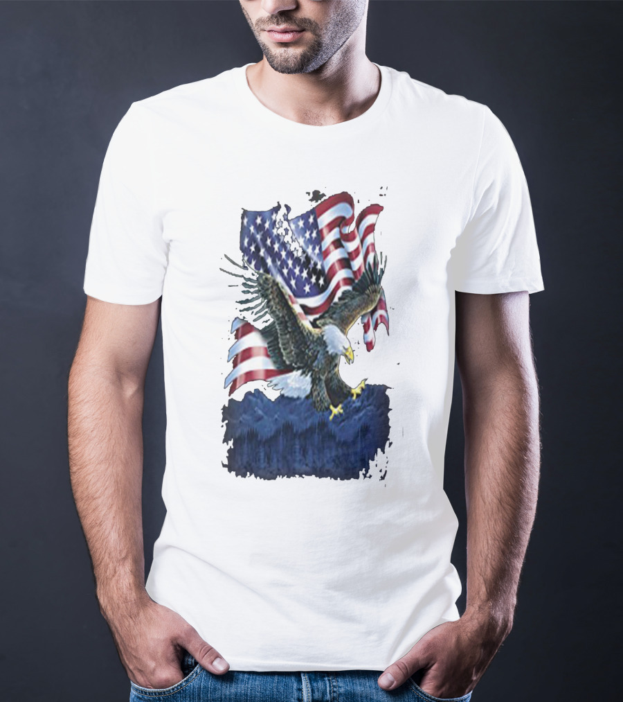 Bald Eagle Over Mountains With American Flag Background T-Shirt
